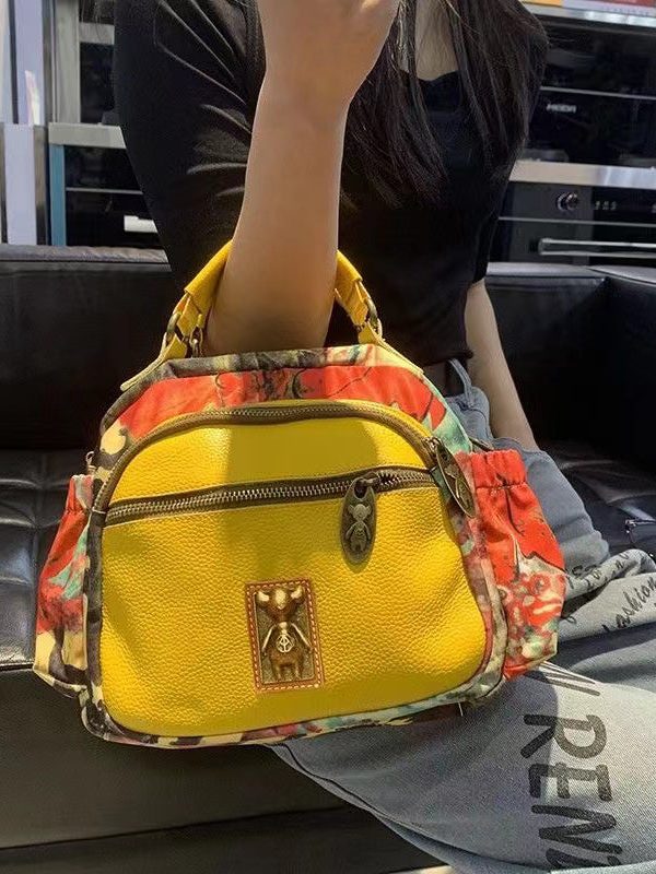 Women Yellow Print Cotton Patchwork Calf Leather Messenger Bag