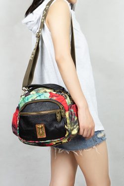 Women Yellow Print Cotton Patchwork Calf Leather Messenger Bag