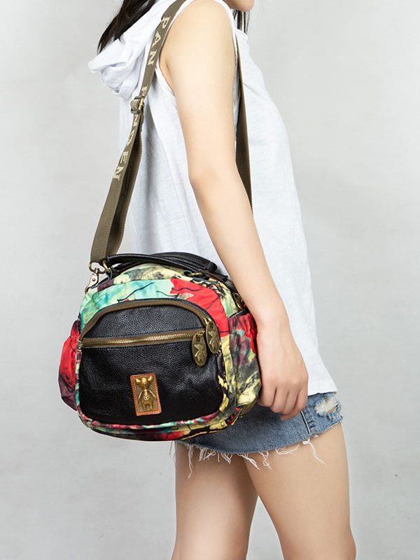 Women Yellow Print Cotton Patchwork Calf Leather Messenger Bag
