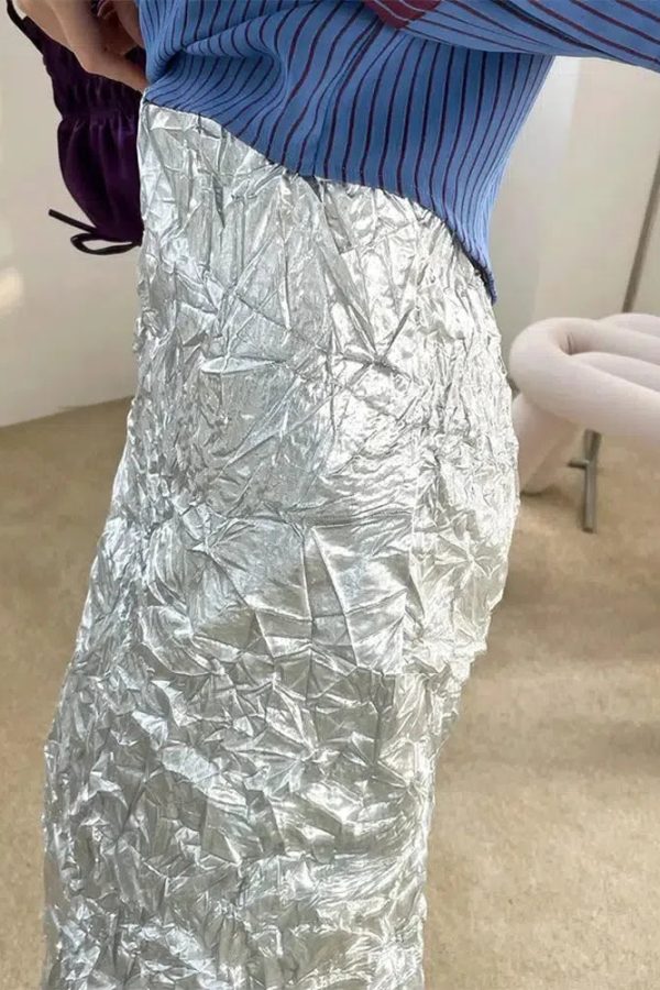 Wrinkled Silver Midi Skirt