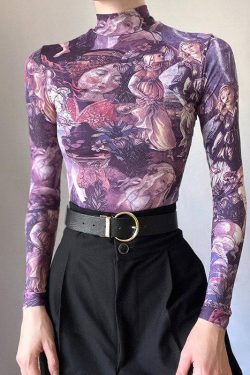 Y2K Angel Graphic Mesh Top