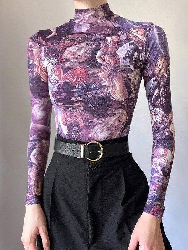 Y2K Angel Graphic Mesh Top