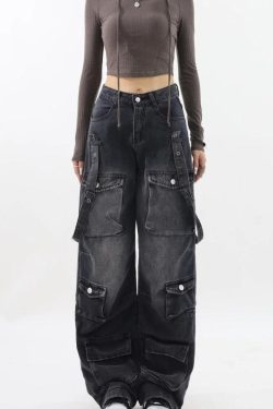 Y2K Belted Dark Wash Cargo Jeans