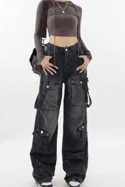 Y2K Belted Dark Wash Cargo Jeans