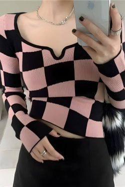 Y2K Checkered Square Neck Top