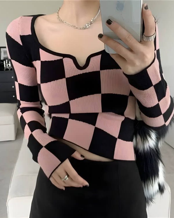 Y2K Checkered Square Neck Top