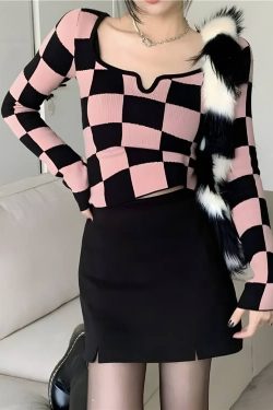 Y2K Checkered Square Neck Top