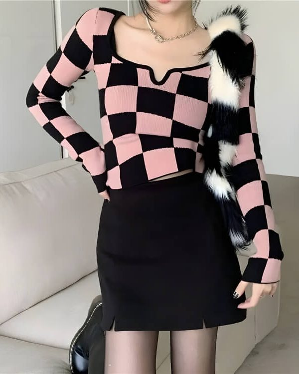 Y2K Checkered Square Neck Top