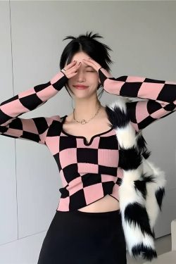 Y2K Checkered Square Neck Top