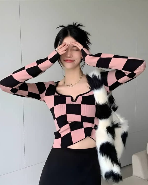 Y2K Checkered Square Neck Top