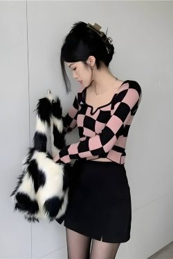 Y2K Checkered Square Neck Top