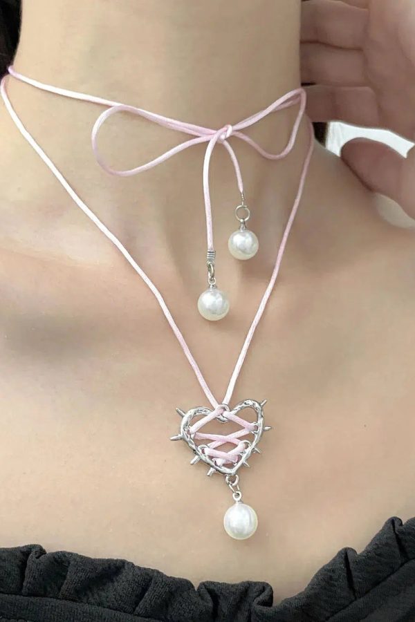 Y2K Coquette Barbed Heart Bow Tie Necklace