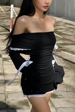 Y2K Corduroy Off Shoulder Bow Mini Dress