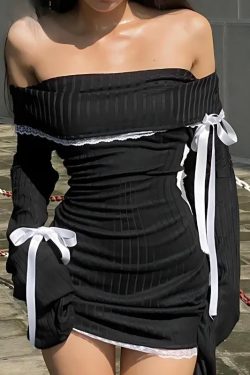 Y2K Corduroy Off Shoulder Bow Mini Dress