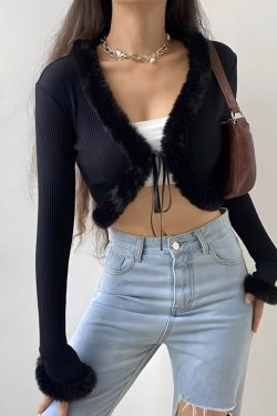 Y2K Faux Fur Corduroy Crop Cardigan