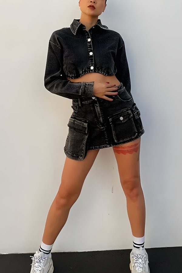 Y2K Grunge Denim Top & Skirt Two Piece Set