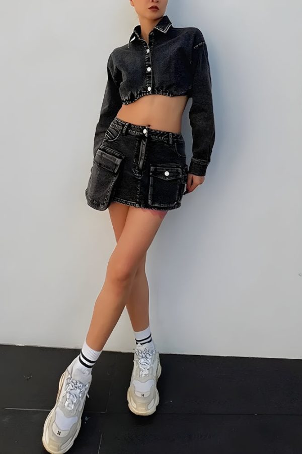 Y2K Grunge Denim Top & Skirt Two Piece Set