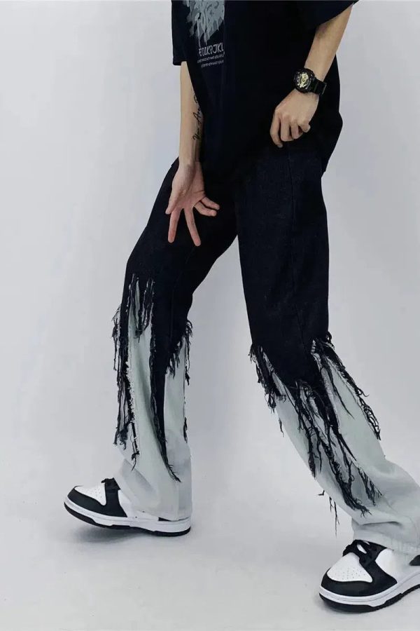 Y2K Grunge Fringed Straight Leg Jeans