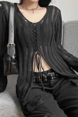 Y2K Grunge Sheer Lace Up Knitted Top
