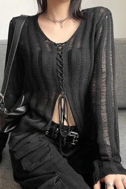 Y2K Grunge Sheer Lace Up Knitted Top
