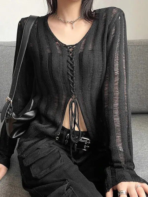 Y2K Grunge Sheer Lace Up Knitted Top