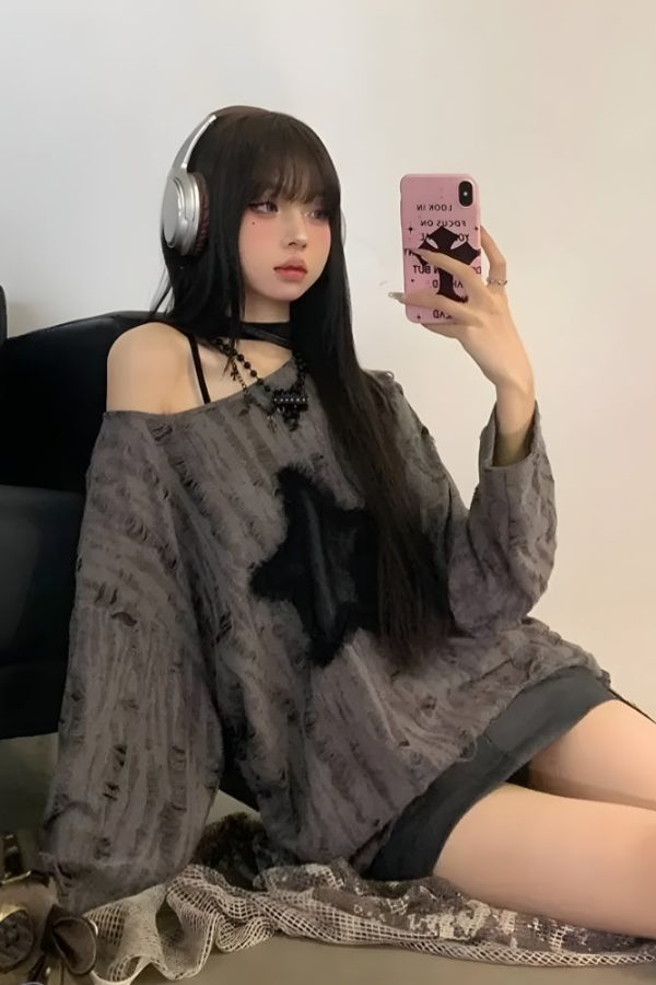 Y2K Grunge Star Distressed Sweater