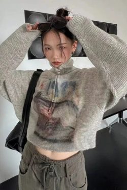 Y2K Half Zip-Up Knitted Sweater