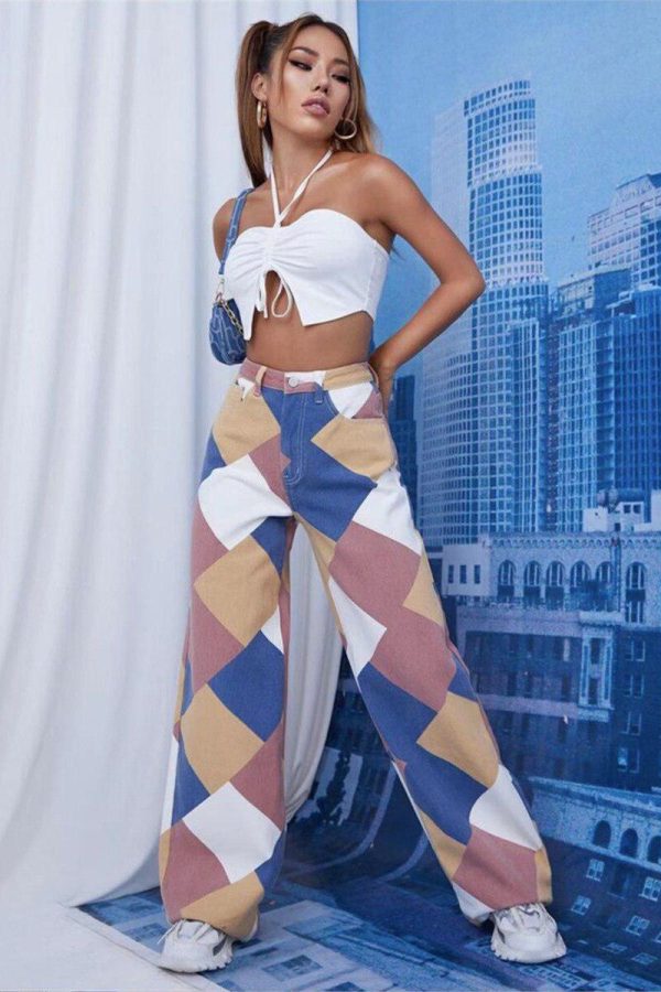 Y2K Harlequin Wide Leg Jeans