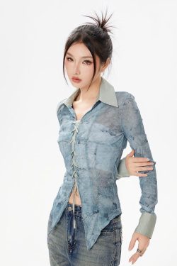 Y2K Lace Up Sheer Shirt