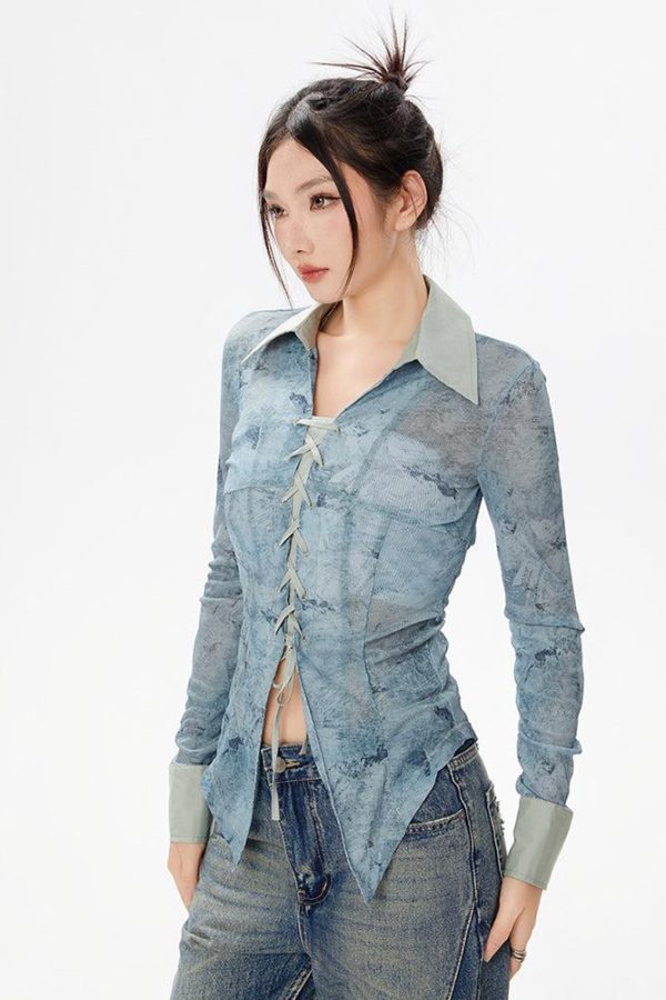 Y2K Lace Up Sheer Shirt