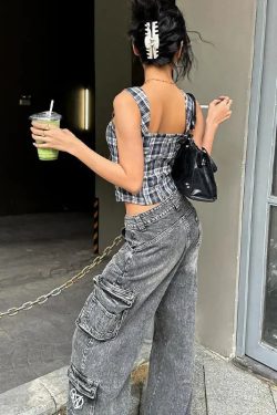 Y2K Plaid Lace Up Top