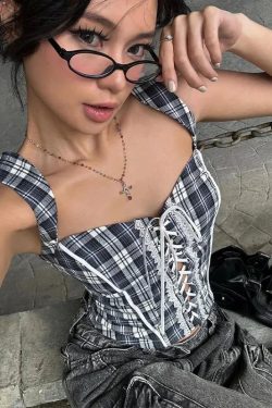 Y2K Plaid Lace Up Top