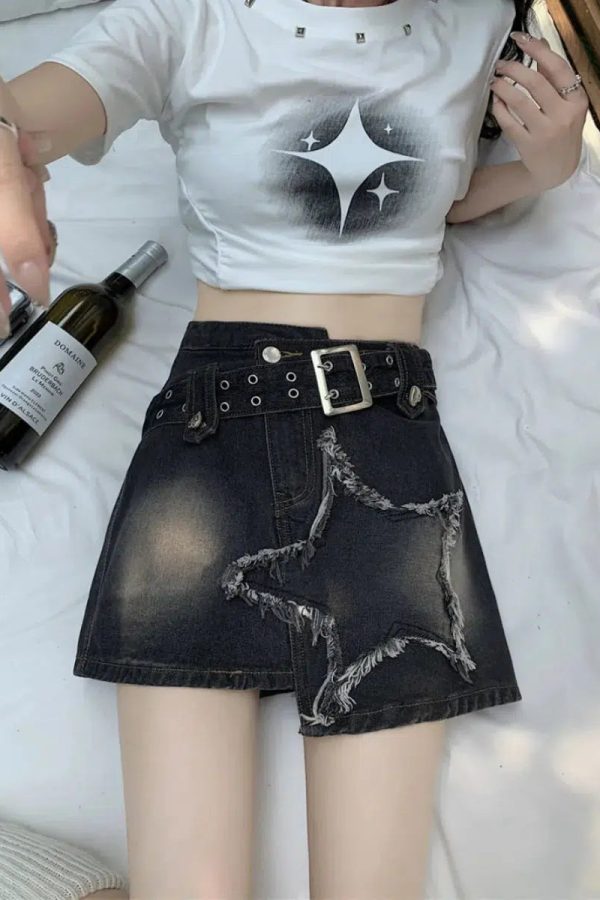 Y2K Star Asymmetric Denim Mini Skirt