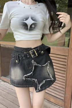 Y2K Star Asymmetric Denim Mini Skirt