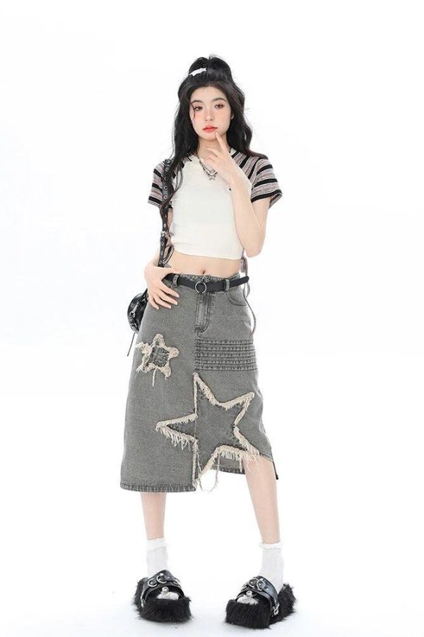 Y2K Star Patchwork Midi Skirt