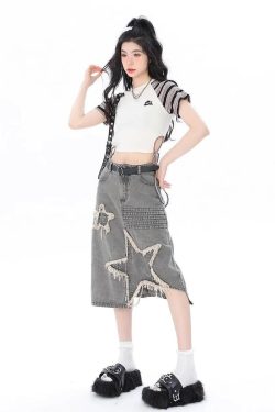 Y2K Star Patchwork Midi Skirt