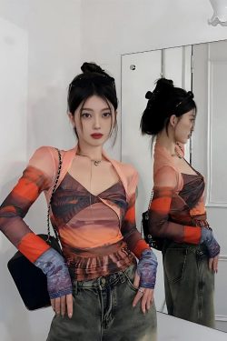 Y2K Sunset Mesh Top