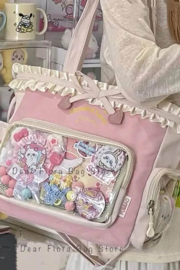 Y2K Sweet Ita Tote Bag Lolita Transparent Crossbody Lace Bow DIY Display