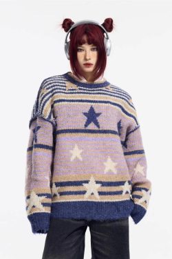 Y2K Vintage Stars Striped Knitted Sweater