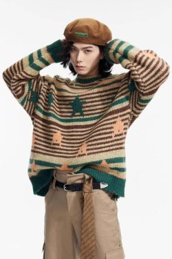 Y2K Vintage Stars Striped Knitted Sweater