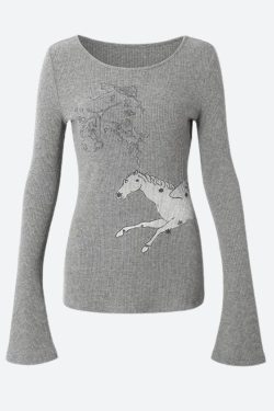 Y2K White Horse Ribbed Top