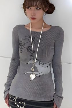 Y2K White Horse Ribbed Top