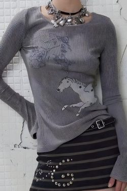 Y2K White Horse Ribbed Top