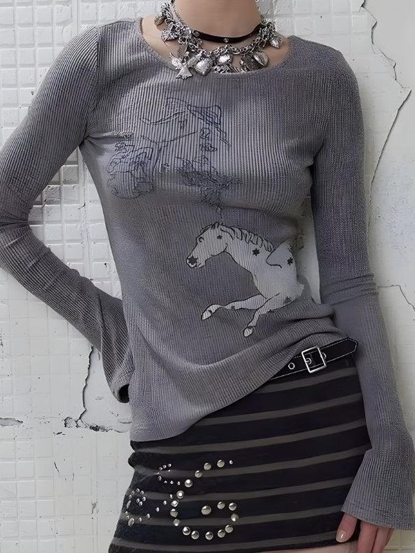 Y2K White Horse Ribbed Top