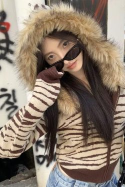Y2K Zebra Hooded Cardigan