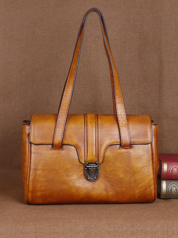 Yellow Fashion trend Paitings Calf Leather Tote Handbag