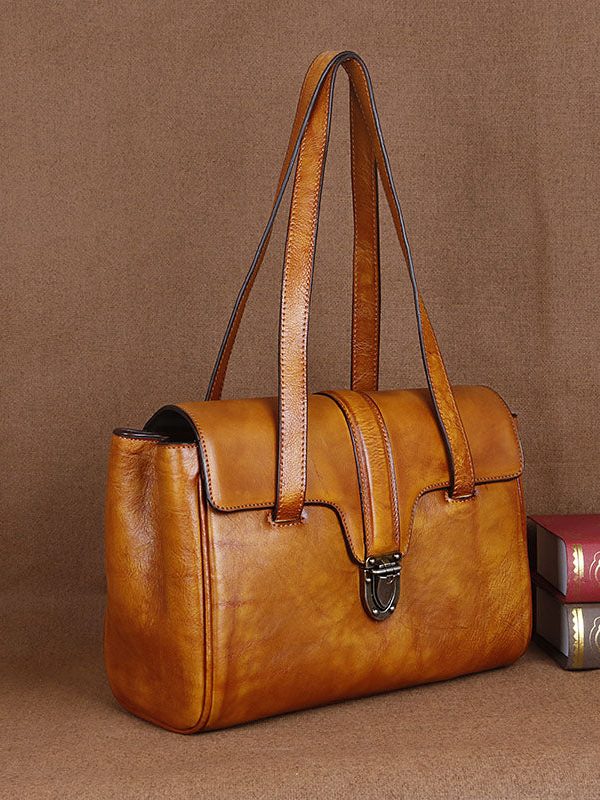 Yellow Fashion trend Paitings Calf Leather Tote Handbag