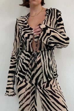 Zebra Tie Up Blouse & Pants Two Piece Set