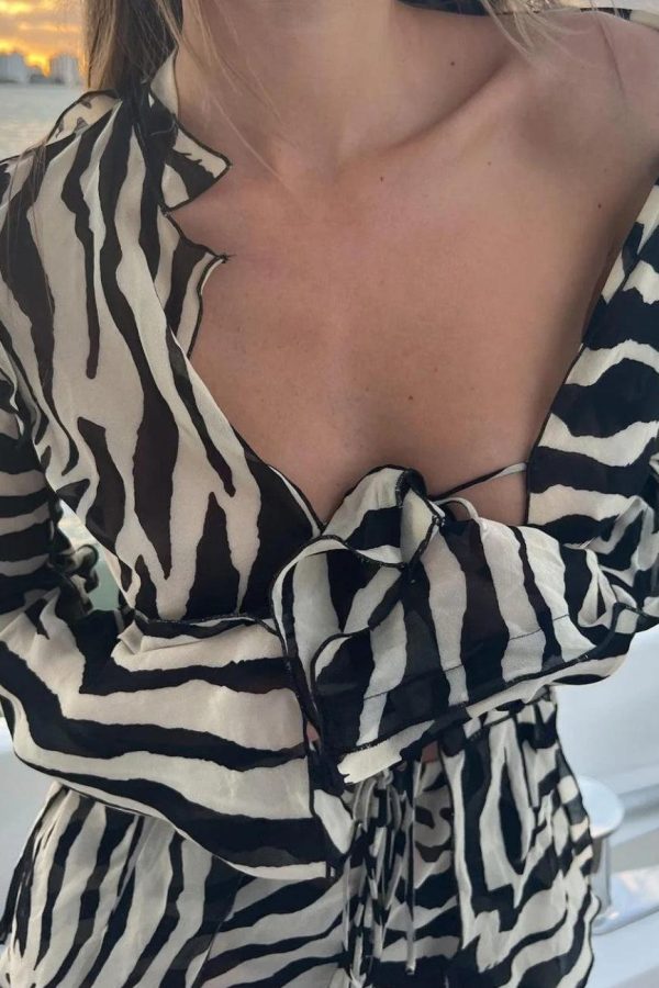 Zebra Tie Up Blouse & Pants Two Piece Set