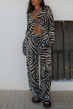 Zebra Tie Up Blouse & Pants Two Piece Set